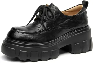 BEAU TODAY Women's Platform Oxford Shoes, Women's Black Oxfords, Chunky Leather Lace-up Dress Oxfords for Women, Comfortable Casual Business Office Work Shoes