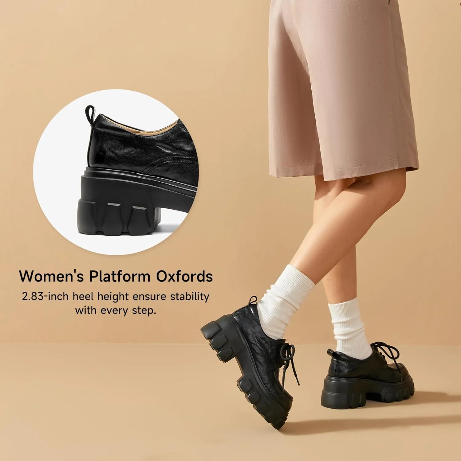 BEAU TODAY Women's Platform Oxford Shoes, Women's Black Oxfords, Chunky Leather Lace-up Dress Oxfords for Women, Comfortable Casual Business Office Work Shoes
