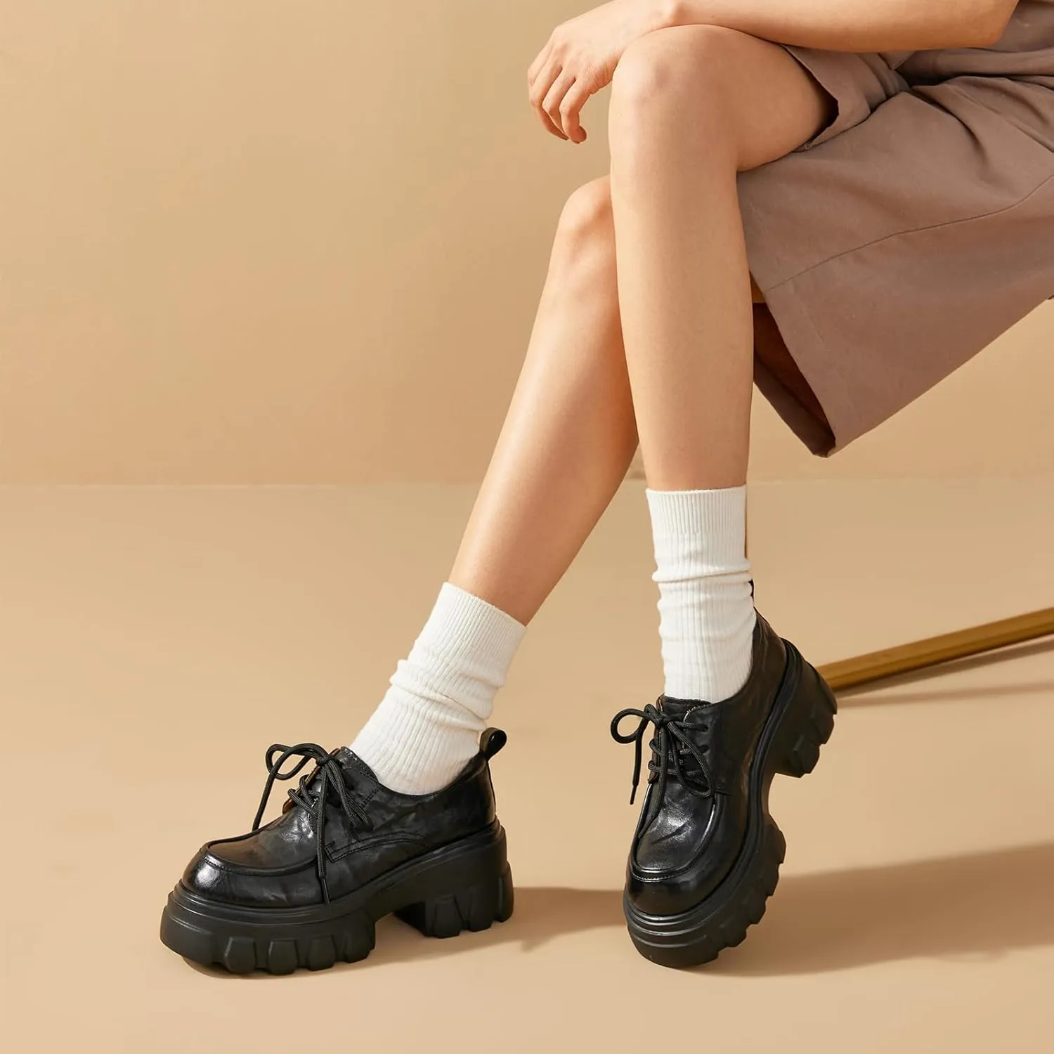 BEAU TODAY Women's Platform Oxford Shoes, Women's Black Oxfords, Chunky Leather Lace-up Dress Oxfords for Women, Comfortable Casual Business Office Work Shoes