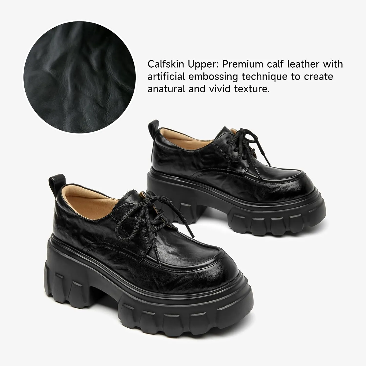 BEAU TODAY Women's Platform Oxford Shoes, Women's Black Oxfords, Chunky Leather Lace-up Dress Oxfords for Women, Comfortable Casual Business Office Work Shoes