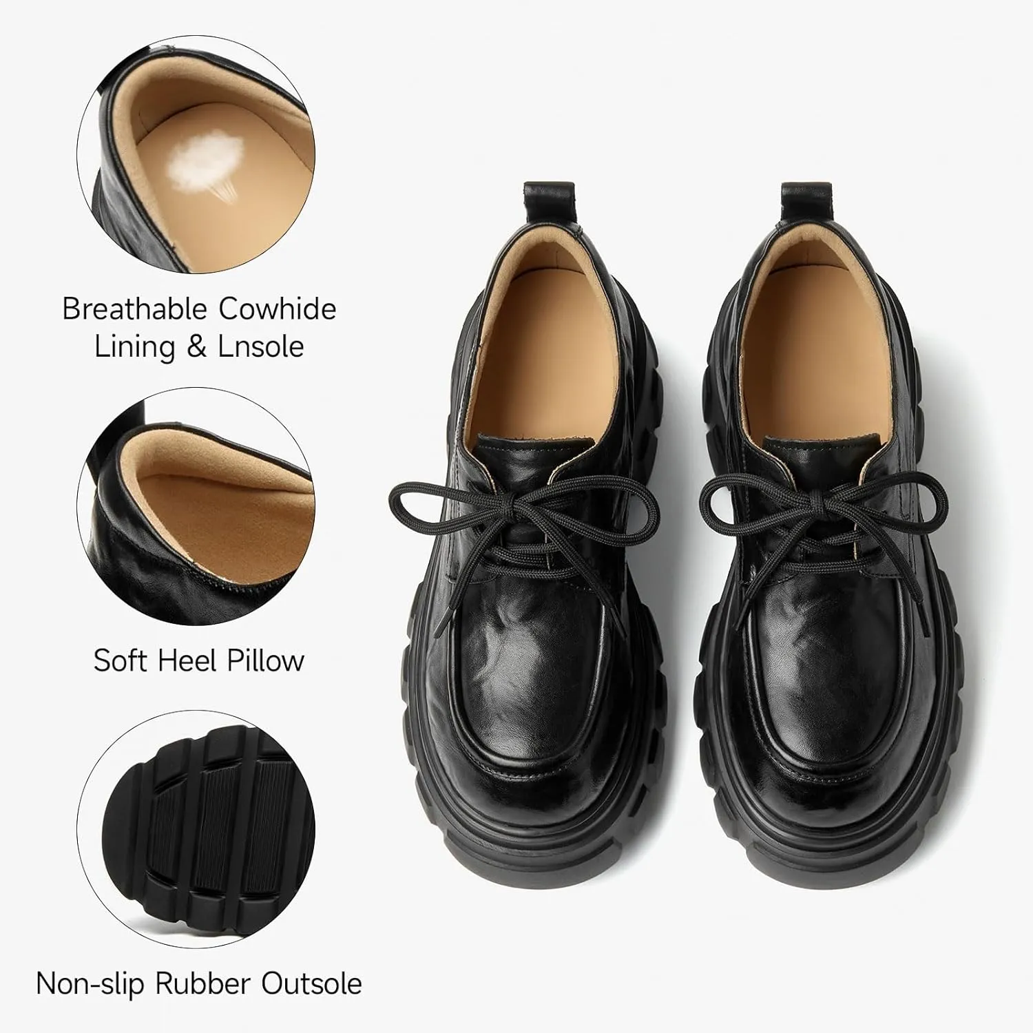 BEAU TODAY Women's Platform Oxford Shoes, Women's Black Oxfords, Chunky Leather Lace-up Dress Oxfords for Women, Comfortable Casual Business Office Work Shoes