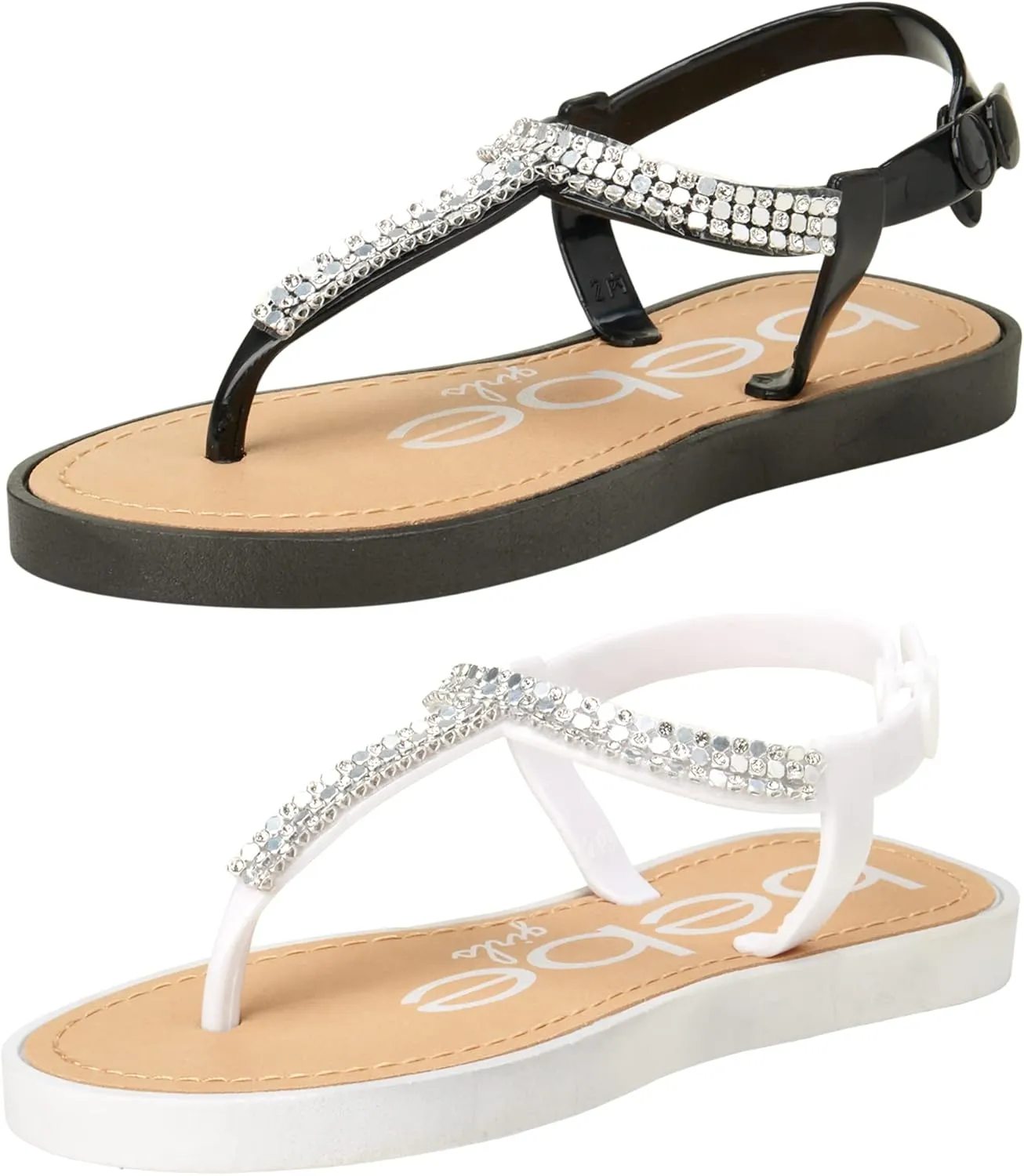 bebe Girls' Sandals - 2 Pack Open Toe Summer Flat Dress Thong T-Strap Sandals with Adjustable Ankle Strap and Cushioned Sole