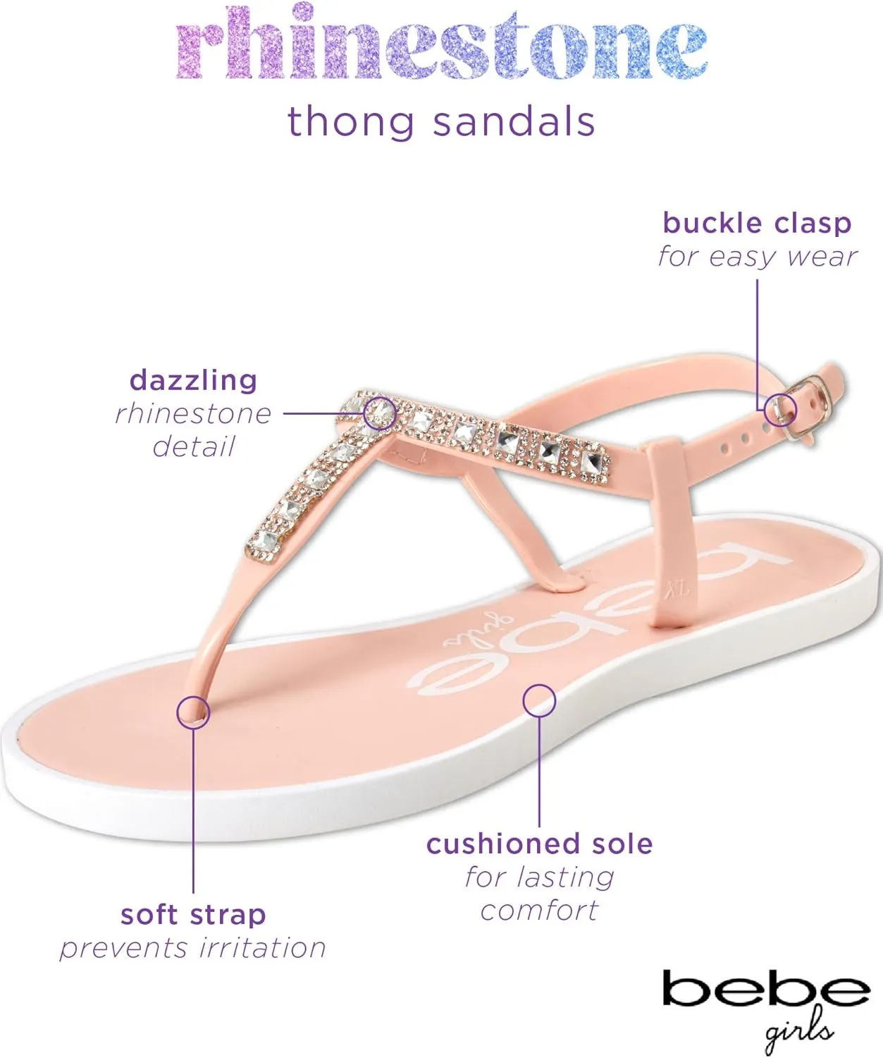 bebe Girls' Sandals - 2 Pack Open Toe Summer Flat Dress Thong T-Strap Sandals with Adjustable Ankle Strap and Cushioned Sole