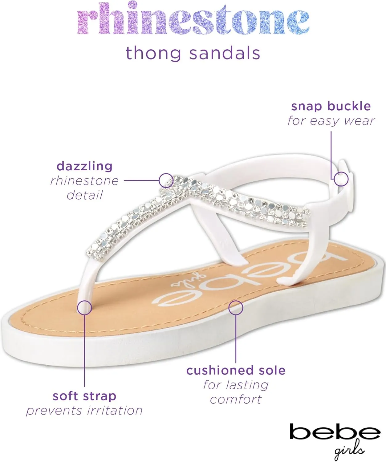 bebe Girls' Sandals - 2 Pack Open Toe Summer Flat Dress Thong T-Strap Sandals with Adjustable Ankle Strap and Cushioned Sole