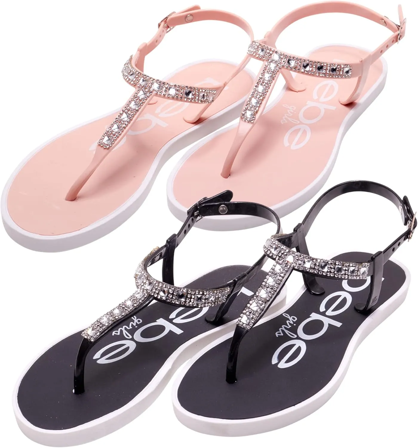 bebe Girls' Sandals - 2 Pack Open Toe Summer Flat Dress Thong T-Strap Sandals with Adjustable Ankle Strap and Cushioned Sole