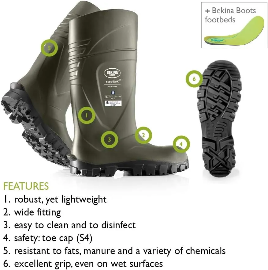 Bekina StepliteX SolidGrip S4 Safety Toe Wellington Boots for Men and Women - Lightweight Waterproof Insulated Non Slip Steel Toe Boots for Men and Women; ASTM Rated