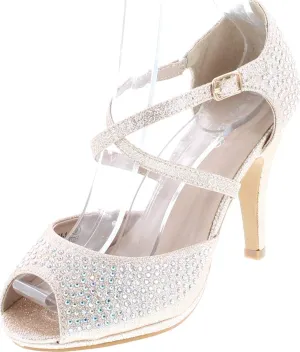 Bella Marie Shania-1 Women's Peep Toe Rhinestone Glitter Crossing Strap Dance Sandals