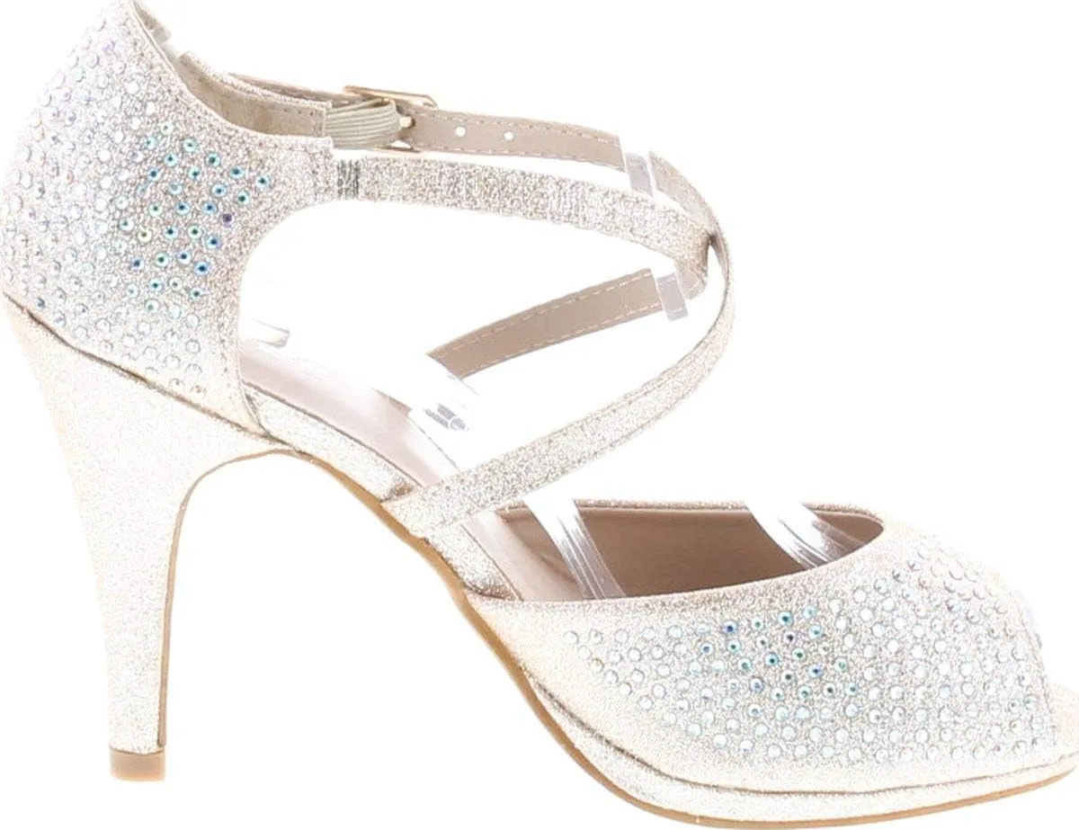 Bella Marie Shania-1 Women's Peep Toe Rhinestone Glitter Crossing Strap Dance Sandals