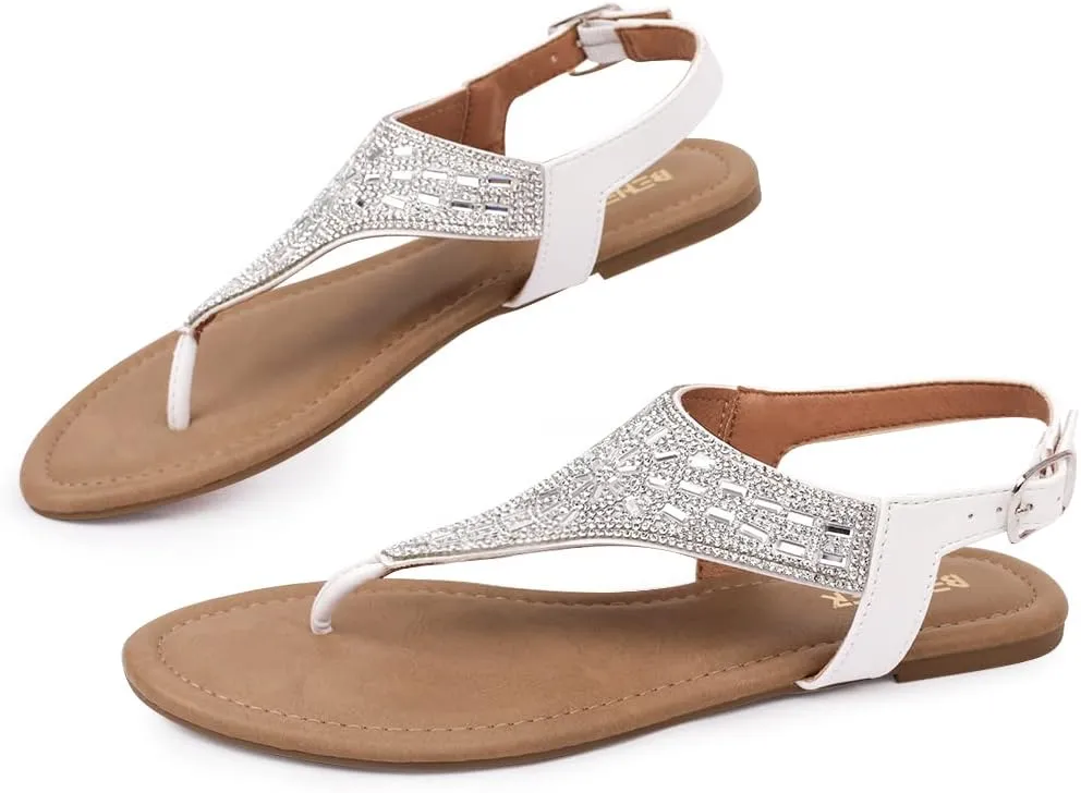 BENEKER Women's Rhinestone Thong Flat Sandals T-Strap Fashion Sandals Ankle Strap Summer Gladiator Sandals