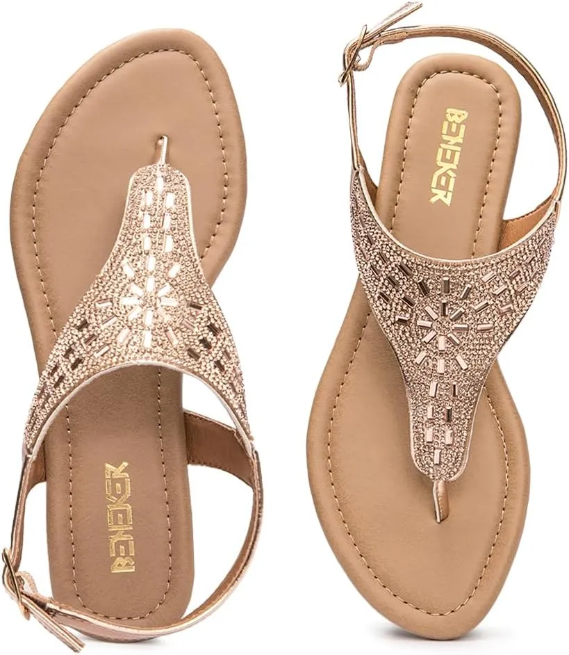 BENEKER Women's Rhinestone Thong Flat Sandals T-Strap Fashion Sandals Ankle Strap Summer Gladiator Sandals