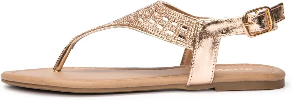 BENEKER Women's Rhinestone Thong Flat Sandals T-Strap Fashion Sandals Ankle Strap Summer Gladiator Sandals