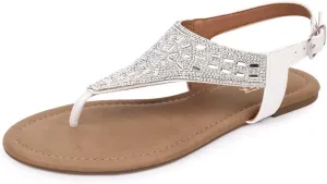 BENEKER Women's Rhinestone Thong Flat Sandals T-Strap Fashion Sandals Ankle Strap Summer Gladiator Sandals