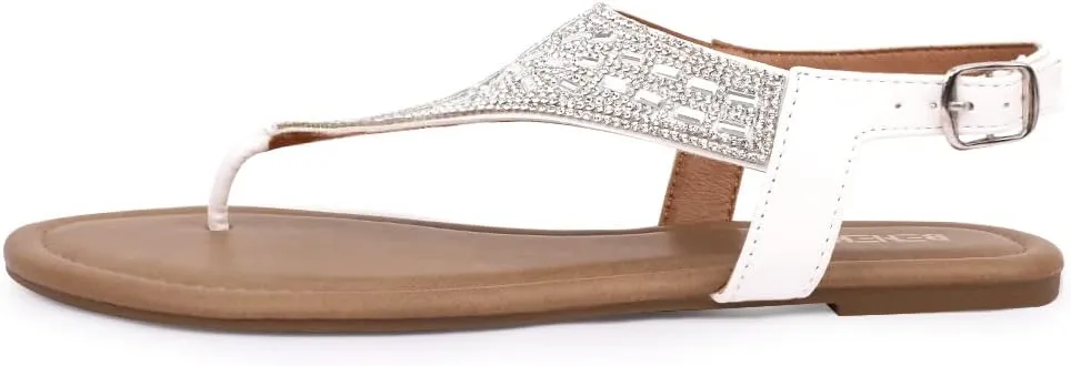 BENEKER Women's Rhinestone Thong Flat Sandals T-Strap Fashion Sandals Ankle Strap Summer Gladiator Sandals