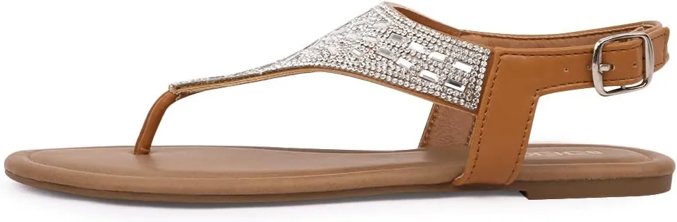 BENEKER Women's Rhinestone Thong Flat Sandals T-Strap Fashion Sandals Ankle Strap Summer Gladiator Sandals