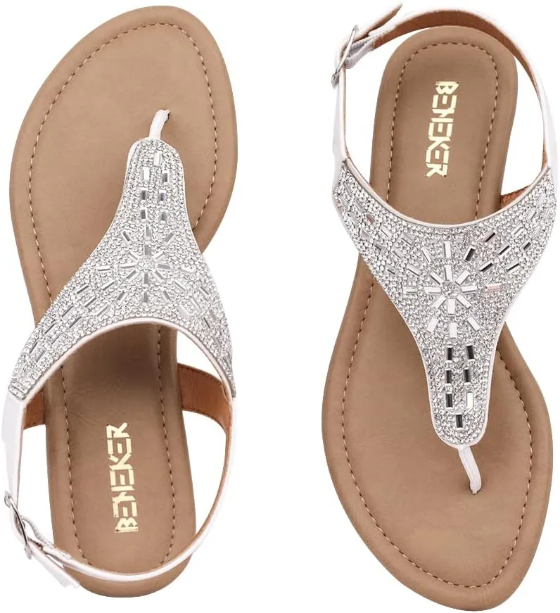 BENEKER Women's Rhinestone Thong Flat Sandals T-Strap Fashion Sandals Ankle Strap Summer Gladiator Sandals