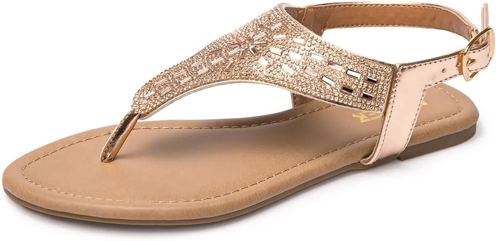 BENEKER Women's Rhinestone Thong Flat Sandals T-Strap Fashion Sandals Ankle Strap Summer Gladiator Sandals