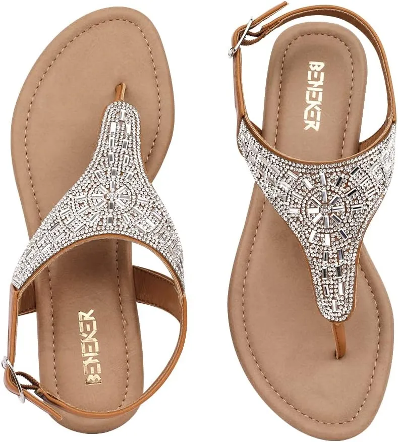 BENEKER Women's Rhinestone Thong Flat Sandals T-Strap Fashion Sandals Ankle Strap Summer Gladiator Sandals