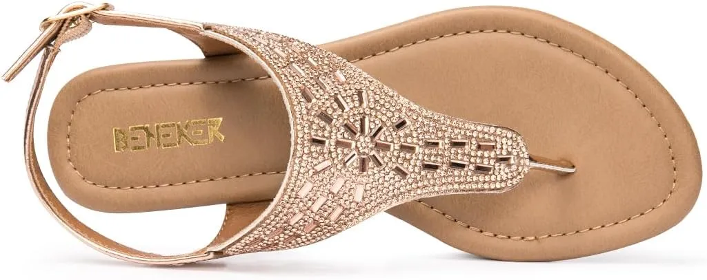 BENEKER Women's Rhinestone Thong Flat Sandals T-Strap Fashion Sandals Ankle Strap Summer Gladiator Sandals