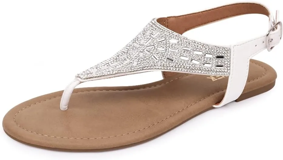 BENEKER Women's Rhinestone Thong Flat Sandals T-Strap Fashion Sandals Ankle Strap Summer Gladiator Sandals