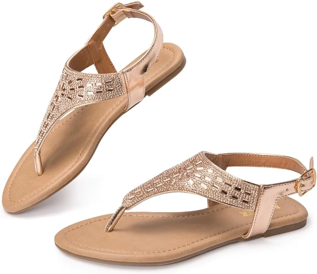 BENEKER Women's Rhinestone Thong Flat Sandals T-Strap Fashion Sandals Ankle Strap Summer Gladiator Sandals