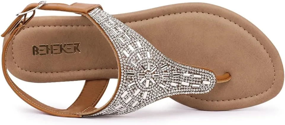 BENEKER Women's Rhinestone Thong Flat Sandals T-Strap Fashion Sandals Ankle Strap Summer Gladiator Sandals