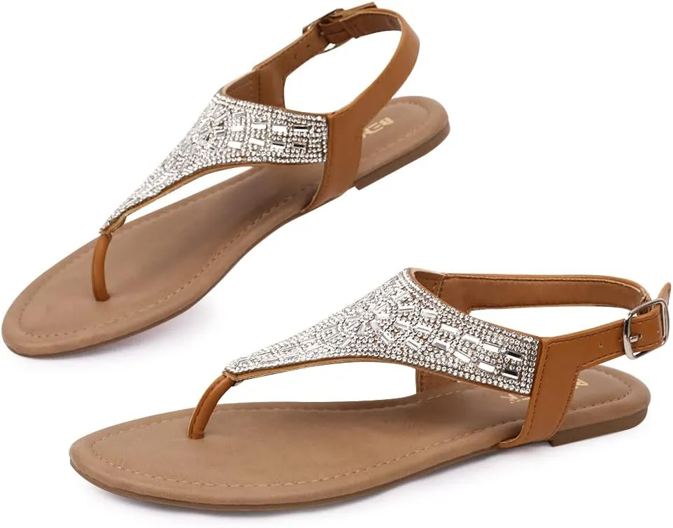BENEKER Women's Rhinestone Thong Flat Sandals T-Strap Fashion Sandals Ankle Strap Summer Gladiator Sandals