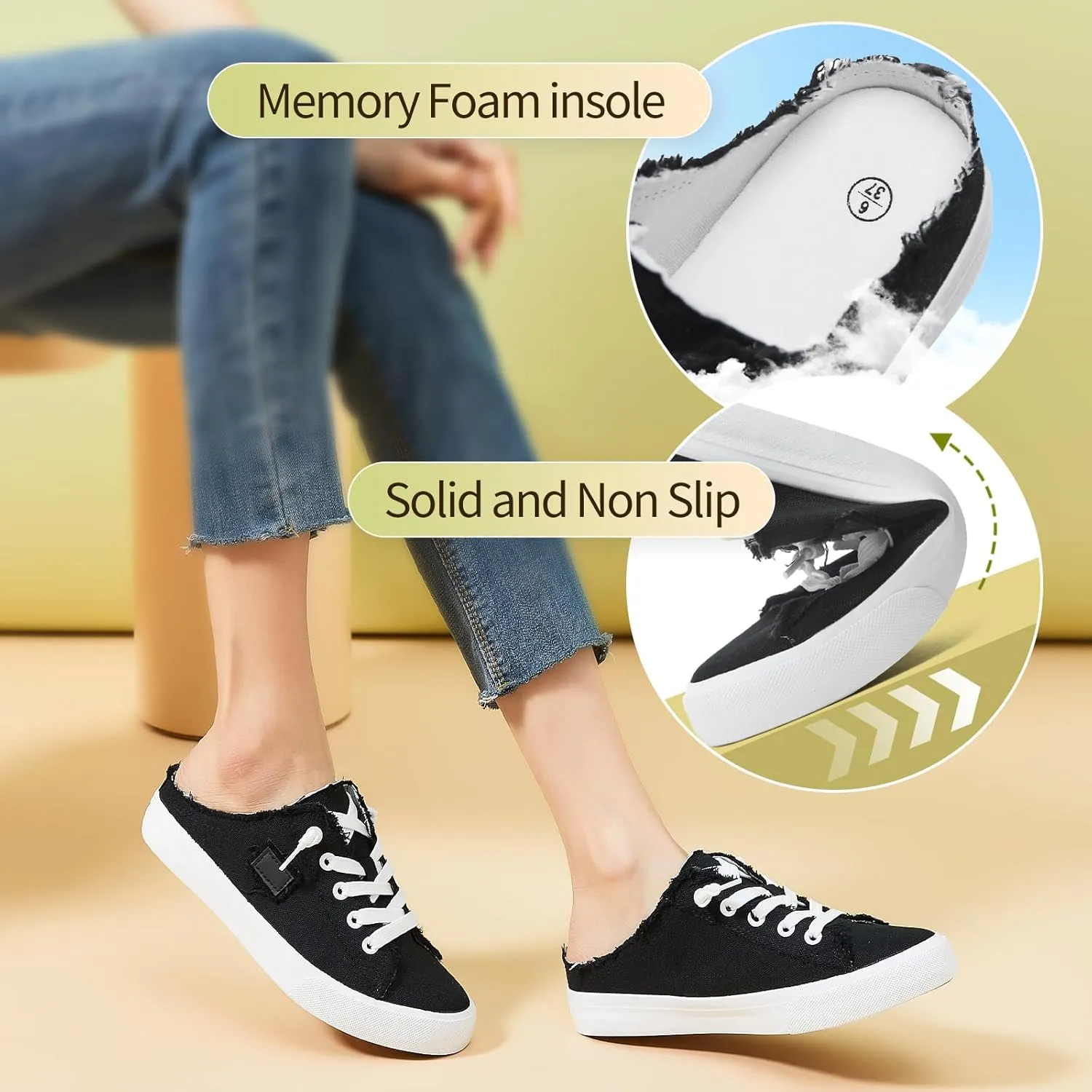 BENPAO Women's Slip on Sneakers Canvas Slip ons Shoes Fashion Comfortable Mules Womens Non Slip Loafers Casual Backless Shoes