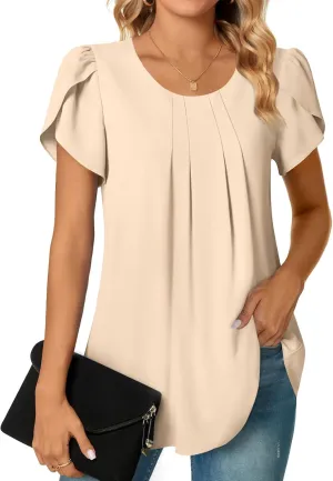 Bestbee Womens Plus Size Tops Dressy Casual Summer Chiffon Blouses Short Sleeve Dress Shirts Business Loose Fit Tunics