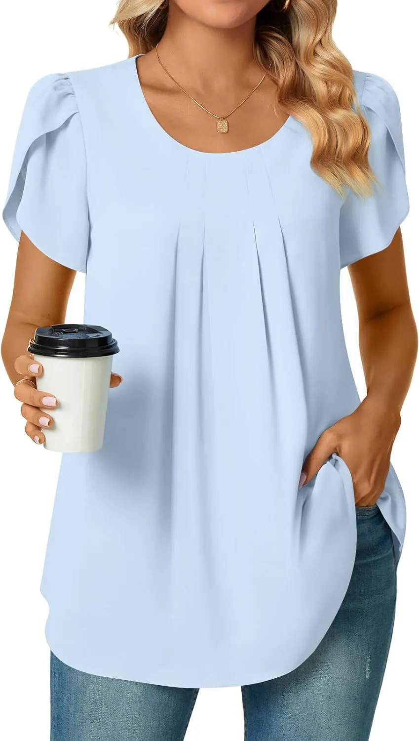 Bestbee Womens Plus Size Tops Dressy Casual Summer Chiffon Blouses Short Sleeve Dress Shirts Business Loose Fit Tunics