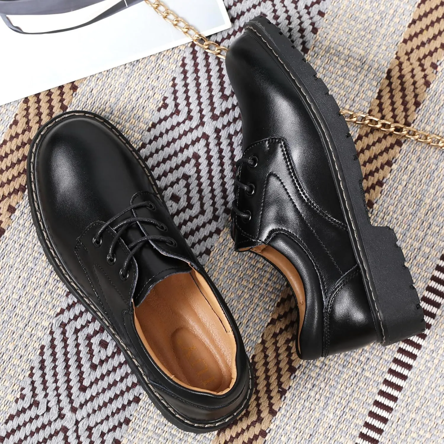Black Oxford Shoes for Women Leather Work Office Non Slip Dress Shoes Comfortable Shoes