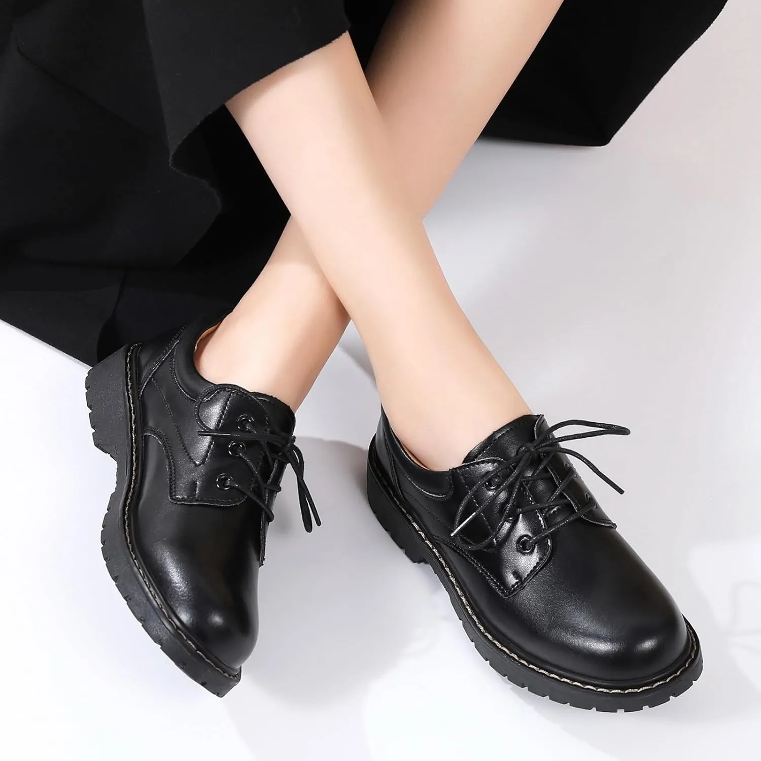 Black Oxford Shoes for Women Leather Work Office Non Slip Dress Shoes Comfortable Shoes