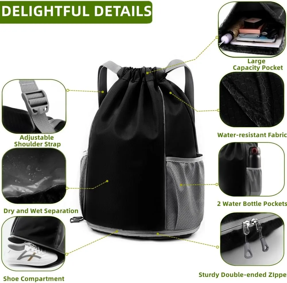 BLIRITEL Drawstring Backpack Sports Gym Bag, Soccer Backpack, Waterproof Soccer Bag for Men Women, String Basketball Bag Football Backpack with Shoes Compartment (Black)