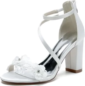 Block Heel Wedding Sandals Open Toe Ankle Buckle Strap Satin Appliques Wedding Party Dress Shoes Bride Heeled Sandal Women 8.5Cm