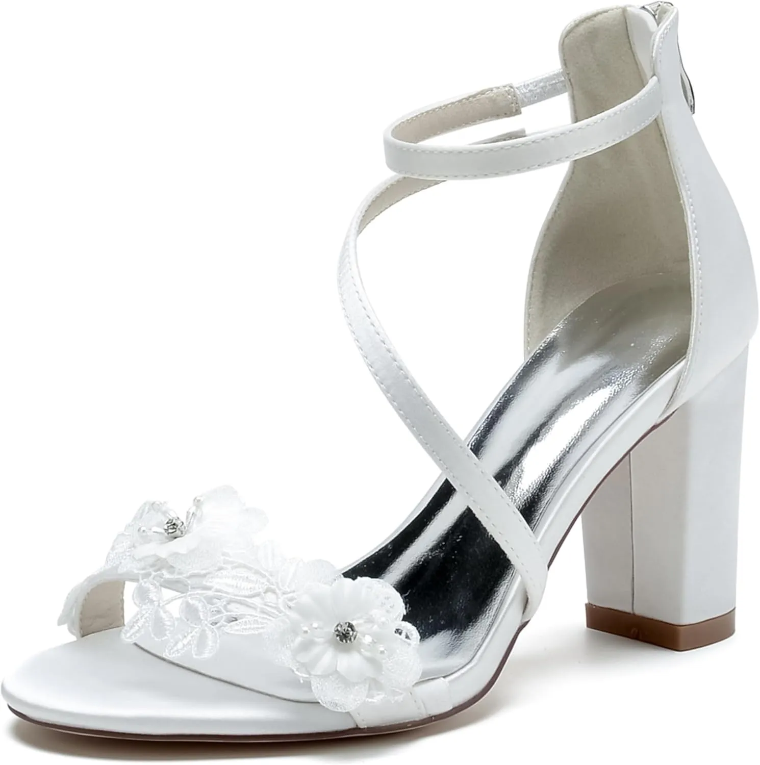 Block Heel Wedding Sandals Open Toe Ankle Buckle Strap Satin Appliques Wedding Party Dress Shoes Bride Heeled Sandal Women 8.5Cm