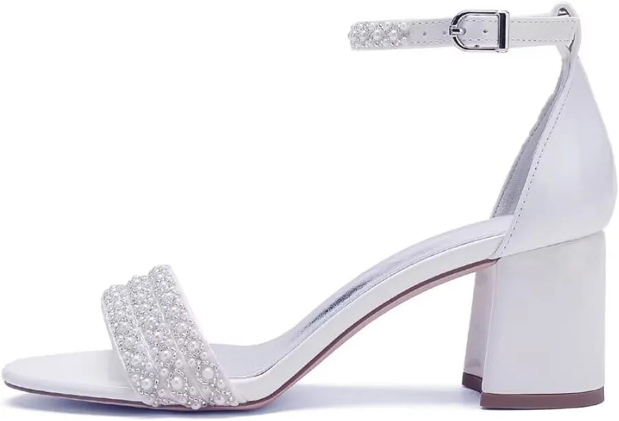 Block Heels Pearls Wedding Sandals Open Toe Ankle Strap Evening Party Summer Shoes