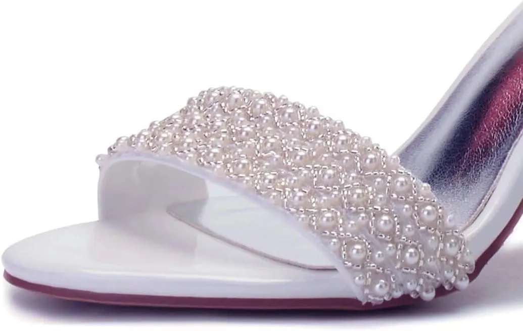 Block Heels Pearls Wedding Sandals Open Toe Ankle Strap Evening Party Summer Shoes