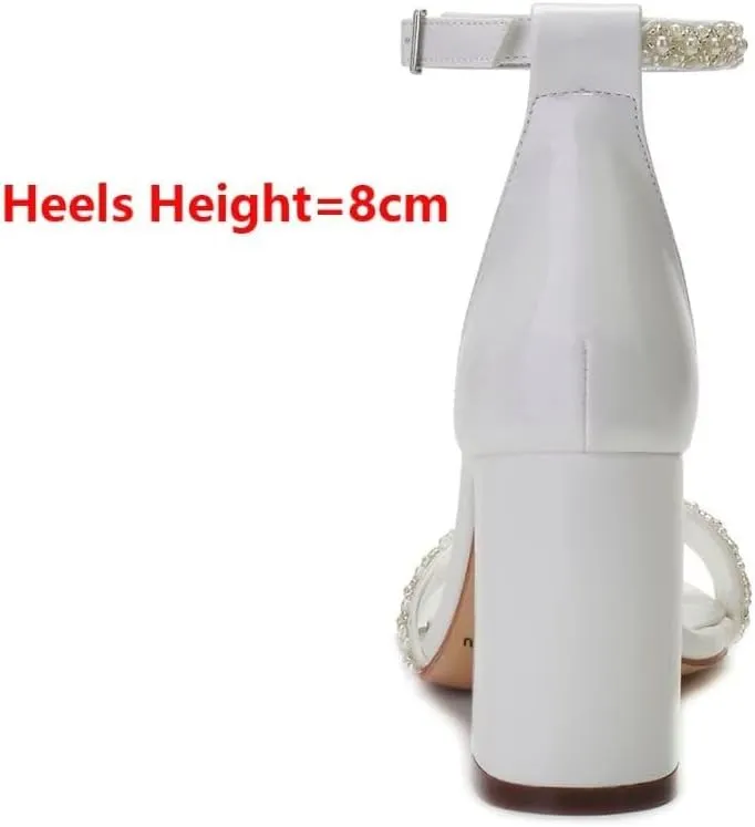 Block Heels Pearls Wedding Sandals Open Toe Ankle Strap Evening Party Summer Shoes