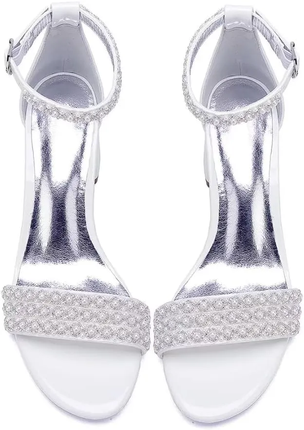 Block Heels Pearls Wedding Sandals Open Toe Ankle Strap Evening Party Summer Shoes