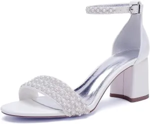 Block Heels Pearls Wedding Sandals Open Toe Ankle Strap Evening Party Summer Shoes