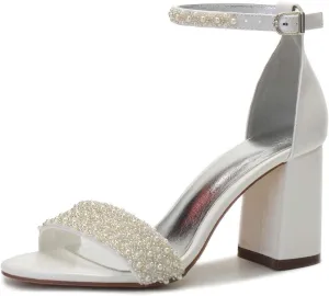 Block Heels Pearls Wedding Sandals Open Toe Ankle Strap Evening Party Summer Shoes