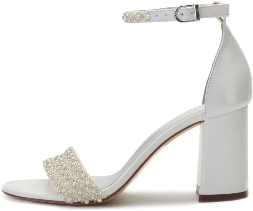 Block Heels Pearls Wedding Sandals Open Toe Ankle Strap Evening Party Summer Shoes