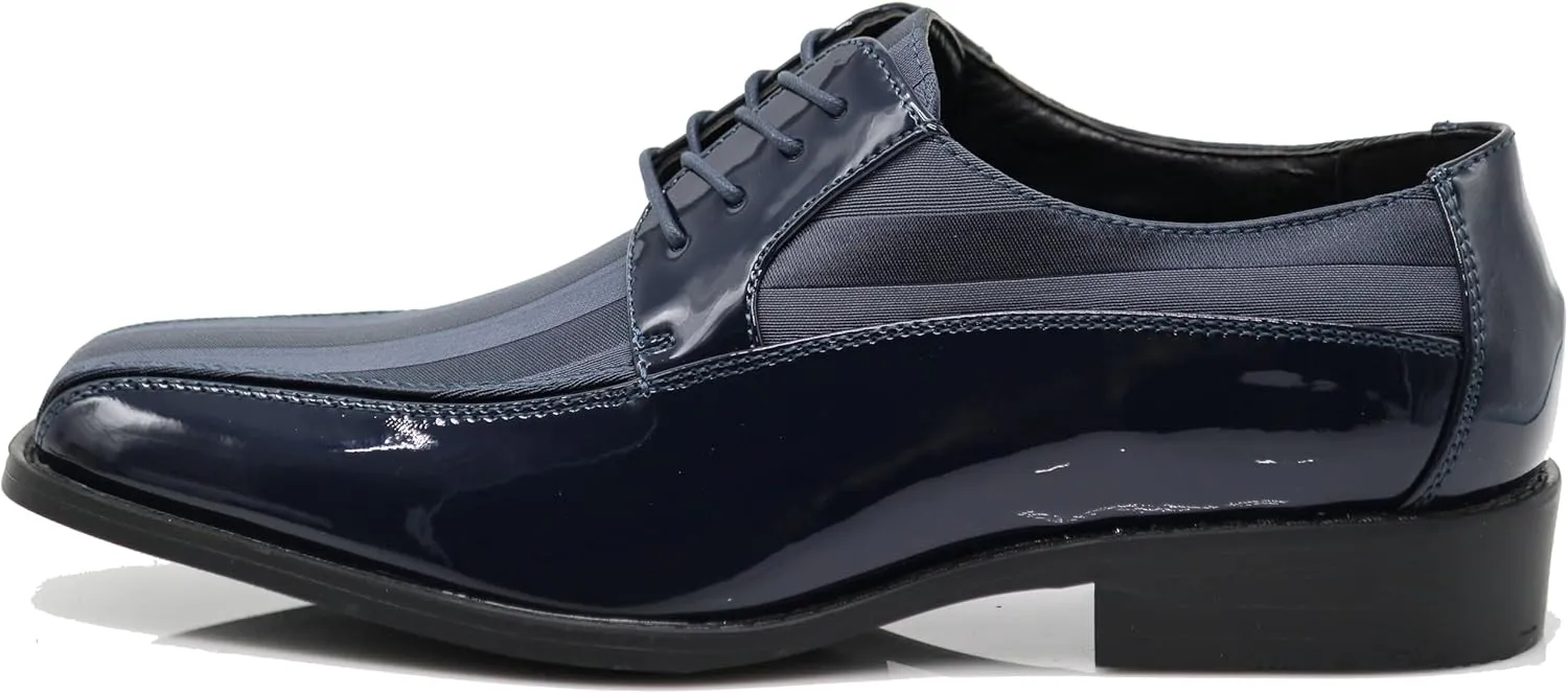 BMY Men's Striped Satin Matching Patent Upper Oxfords Formal Dress Shoes