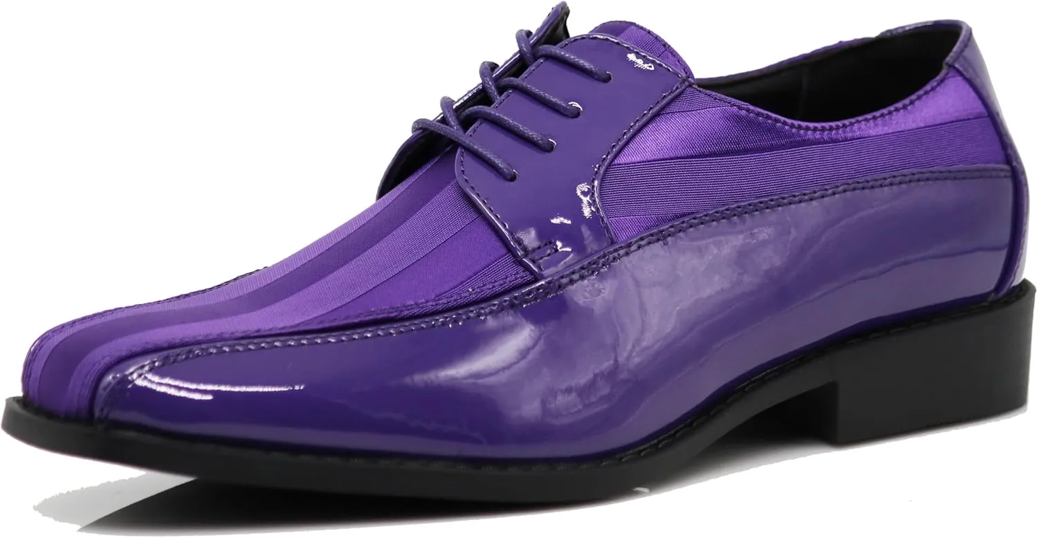 BMY Men's Striped Satin Matching Patent Upper Oxfords Formal Dress Shoes