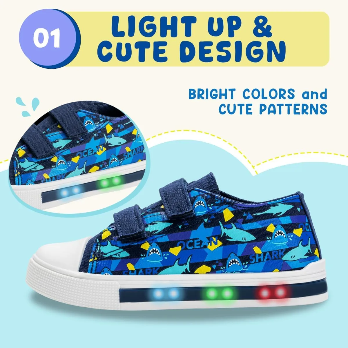 Boys Girls Sneakers Light Up Canvas Shoes for Toddler Kids Easy Fasten Fashion Shoes with Hook and Loops