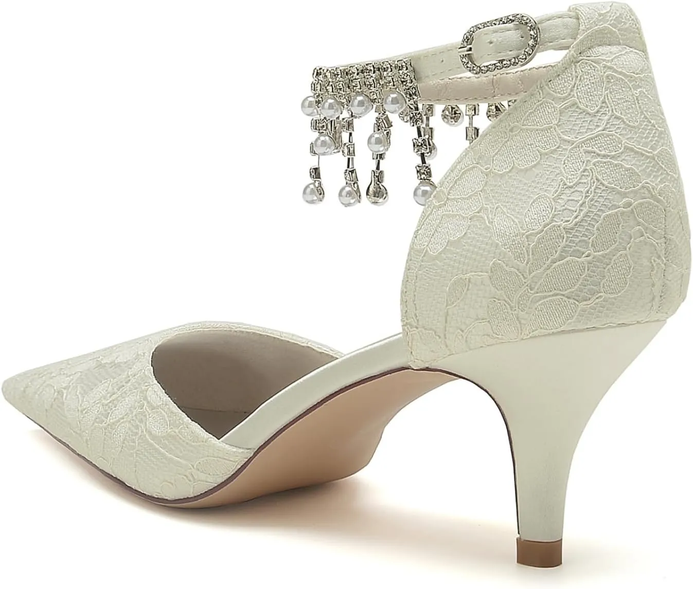 Bride Wedding Shoes Womens Lace Pointed Toe Heels Wedding Party Dress Shoes Low Kitten Heel Ankle Strap Pumps 6Cm