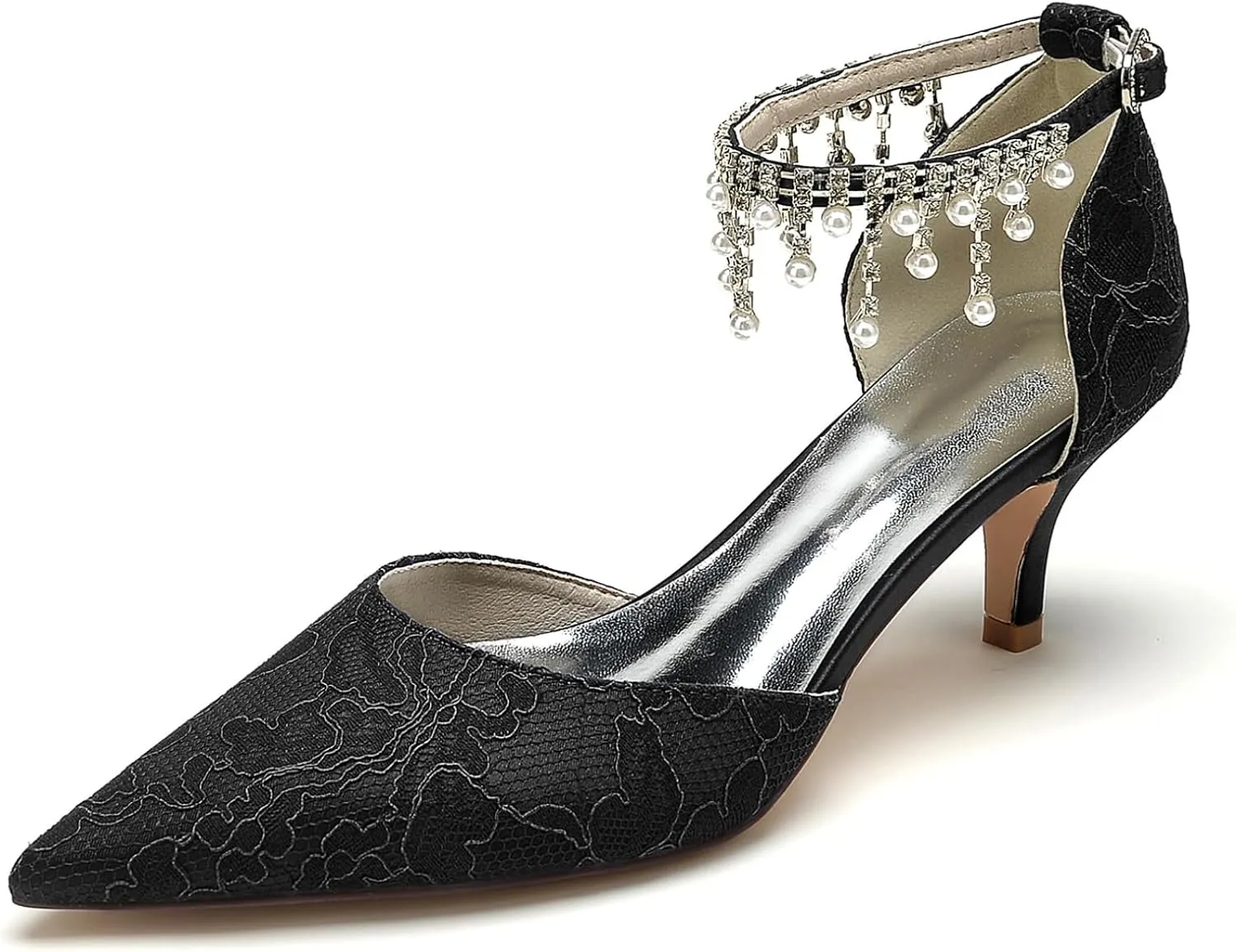 Bride Wedding Shoes Womens Lace Pointed Toe Heels Wedding Party Dress Shoes Low Kitten Heel Ankle Strap Pumps 6Cm