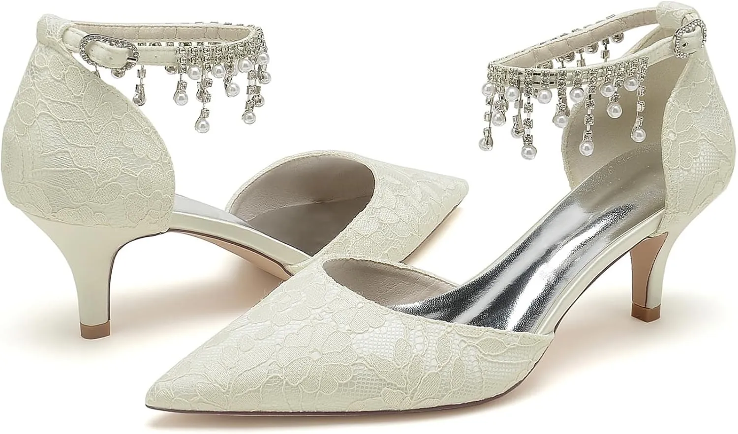 Bride Wedding Shoes Womens Lace Pointed Toe Heels Wedding Party Dress Shoes Low Kitten Heel Ankle Strap Pumps 6Cm