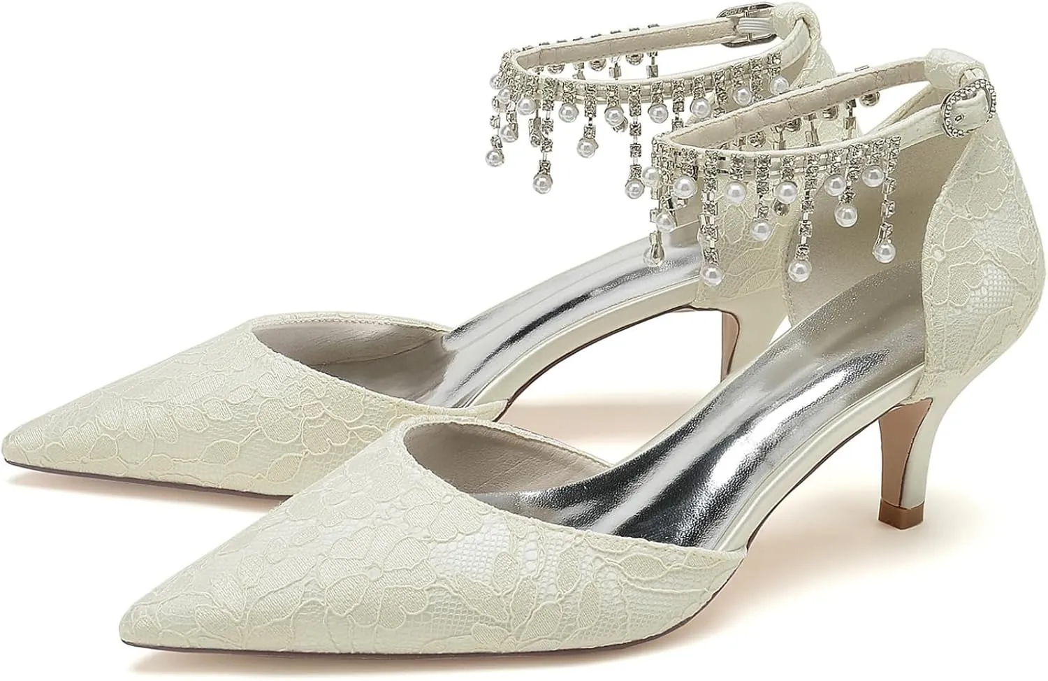 Bride Wedding Shoes Womens Lace Pointed Toe Heels Wedding Party Dress Shoes Low Kitten Heel Ankle Strap Pumps 6Cm