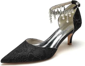 Bride Wedding Shoes Womens Lace Pointed Toe Heels Wedding Party Dress Shoes Low Kitten Heel Ankle Strap Pumps 6Cm