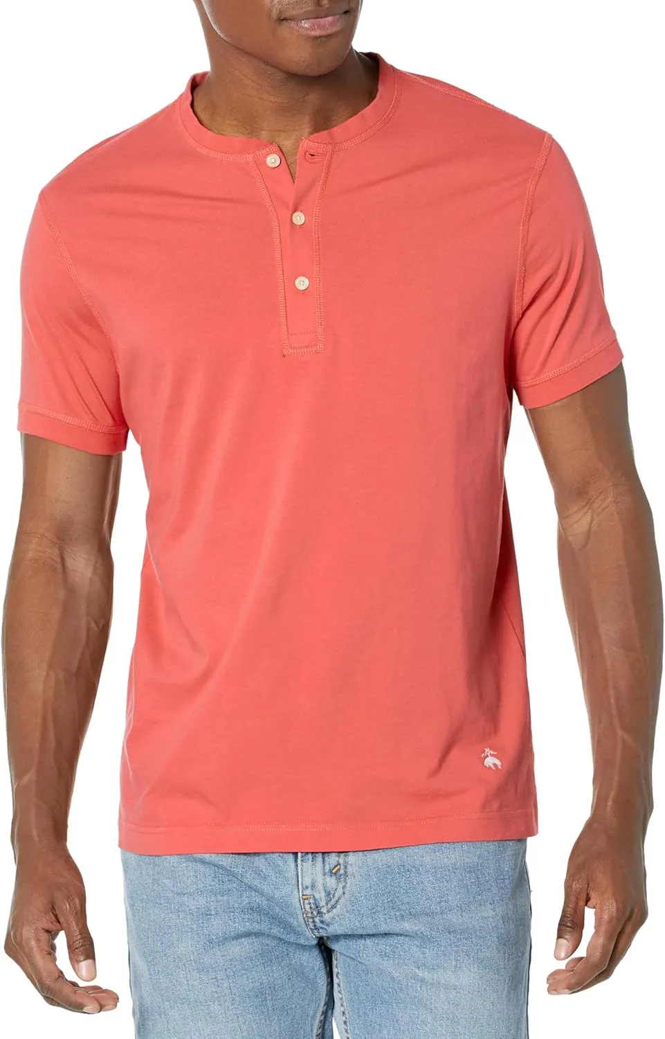 Brooks Brothers Men's Short Sleeve Cotton Jersey Henley Collar Logo T-Shirt, Orange, Medium